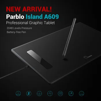 Parblo Øen A609 Grafiske tegneplade 8x 5 inches 220 RPS 5080 LPI med 2048 Niveauer Pres, Batteri-gratis Pen