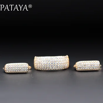PATAYA Nye Ankomster Mode Luksus Smykker Sæt 585 Guld Øreringe Ringe Sæt Runde Hvide Naturlige Zirconia Smykker Til Kvinder
