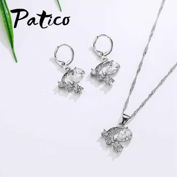 PATICO Skinnende AAA CZ Crystal Flower Design 925 Sterling Sølv Brude Smykker Sæt til Kvinder Halskæde Vedhæng Hoop Øreringe