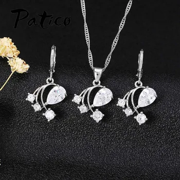 PATICO Skinnende AAA CZ Crystal Flower Design 925 Sterling Sølv Brude Smykker Sæt til Kvinder Halskæde Vedhæng Hoop Øreringe