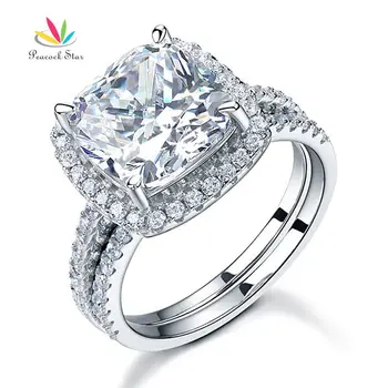 Peacock Stjernede 5 Ct-Cushion-Cut Bryllup Engagement Ring Sæt Massiv 925 Sterling Sølv Smykker CFR8205