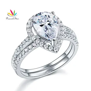 Peacock Stjernede Solid Sterling 925 Sølv Brude Bryllup Løfte Engagement Ring Sæt 2 Ct-Pære Smykker CFR8224