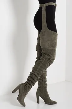 Perixir Rihanna Stil Over Knæet Støvler til Kvinder Sko Spids Tå Plisserede Ruskind Høje Hæle Lang Låret Høje Støvler Sort Sexet