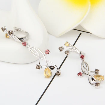 Perle ' s Ballet 925 Sterling Sølv Fine Smykker, Blomster Design-Granat-Citrin Smoky Quartz Stone Drop Earrings For Kvinder Mode