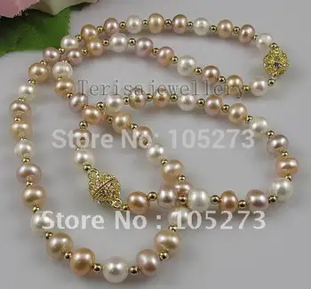 Perle smykker sæt AA-8-9MM Hvid pink lilla farve Ægte ferskvandsperle kvindens smykker Gratis fragt