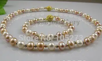 Perle smykker sæt AA-8-9MM Hvid pink lilla farve Ægte ferskvandsperle kvindens smykker Gratis fragt