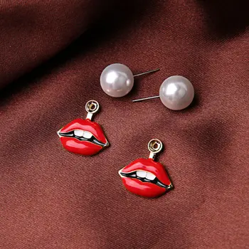 Personlig Rød Emalje Læbe Øreringe Del Fascineret Efterligning Simuleret Pearl Mode Øreringe Varmt For Kvinder Smykker