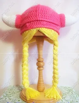 Piger Hæklet Viking hat, Nyfødt til Voksen med fletninger Sjove Håndlavede Hæklede Tegnefilm Viking Horn Hat Strikket Xmas horn BABY Hat