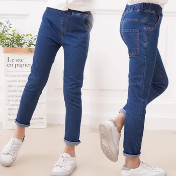 Piger i Jeans Blå Ankel-Længde Solid Denim Bukser Bukser Til Piger 3 4 6 8 10 12 År 2017 Mode Pige Tøj RKP175029