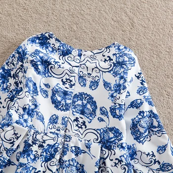 Piger med lange ærmer kjole O-hals bomuld, børn, tøj, mode blomst mønster blå print pige kjole WL169