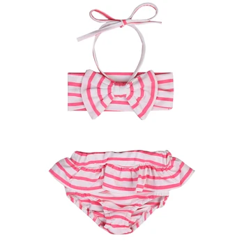 Pink Baby Piger Kids Sommer Stribet Tøj Tøj Ærmeløs Halterneck Sløjfeknude Toppe+Flæser Shorts Tøj Sæt Badetøj
