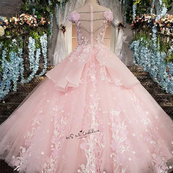 Pink Blomst Luksus Bryllup Kjole 2018 Bolden Kjole Kjoler til Brudens Blonder Vestido de Casamento Cap Ærmet Diamant Boheme Brudekjole