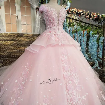 Pink Blomst Luksus Bryllup Kjole 2018 Bolden Kjole Kjoler til Brudens Blonder Vestido de Casamento Cap Ærmet Diamant Boheme Brudekjole