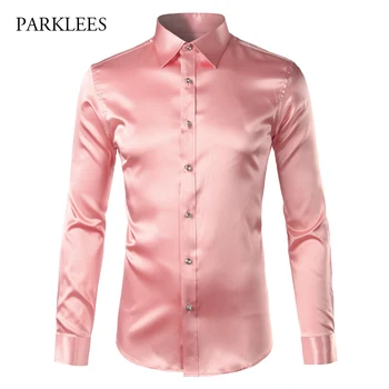 Pink Silke Satin Skjorte Mænd 2017 Mode Langærmet Herre Slim Tuxedo Shirts, Casual-Shiny-Emulering Silke Button Down Skjorter