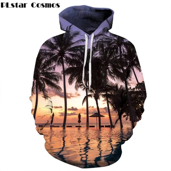 PLstar Kosmos Mærke tøj og Hættetrøjer Kvinder Mænd Hooded Sweatshirt Efteråret Beach Palm tree 3d Print afslappet O-Hals Hoody Træningsdragter