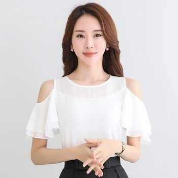 Plus størrelse 2017 ny stropløs chiffon skjorte kortærmet dame lotus blad pels koreansk mode kvinder chiffon blouse 896B 30