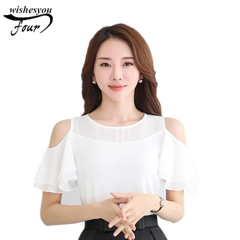 Plus størrelse 2017 ny stropløs chiffon skjorte kortærmet dame lotus blad pels koreansk mode kvinder chiffon blouse 896B 30