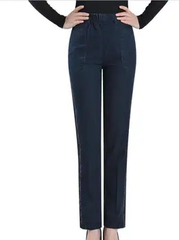 Plus størrelse 2018 Forår og efterår broderede jeans kvinder lige høj elastisk talje kvinder denim bukser