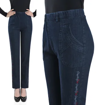 Plus størrelse 2018 Forår og efterår broderede jeans kvinder lige høj elastisk talje kvinder denim bukser