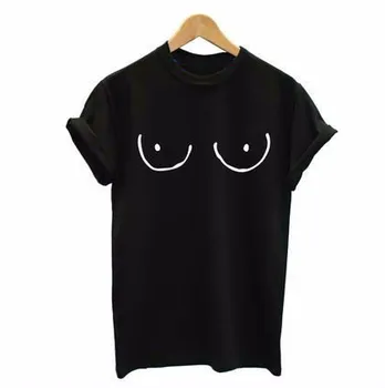 Plus Størrelse Casual T-Shirt Dame Sjove Sort / Hvide Toppe Titties Brystvorten Print Kvinder Sext Shirt