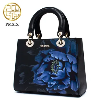 Pmsix 2018 Designer Håndtasker i Høj Kvalitet, Split Læder skuldertasker Blomstret Mønster i klassisk sort messenger taske til kvinder