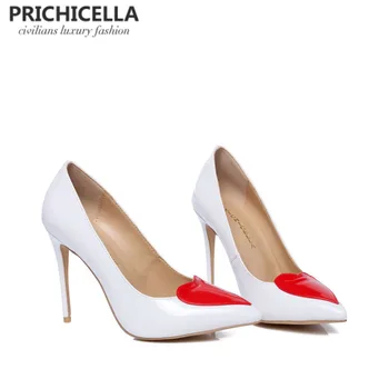PRICHICELLA hvid ægte læder tynd høj hæl sko med røde hjerte kvinder kjole part bryllup sko plus størrelse