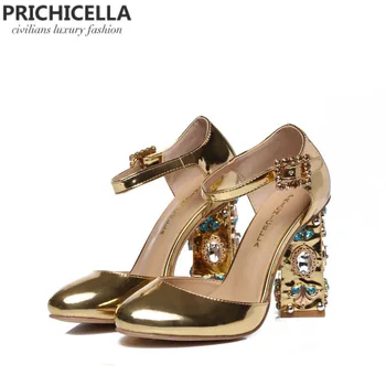PRICHICELLA Unikke kvinder, guld, læder strass forskønnet chunky hæl spænde rem sandaler