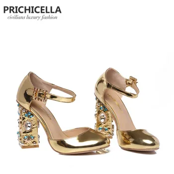 PRICHICELLA Unikke kvinder, guld, læder strass forskønnet chunky hæl spænde rem sandaler