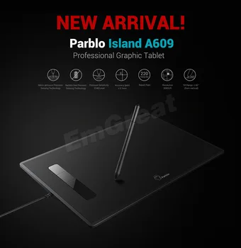 Professionel Parblo Øen A609 Grafisk Tablet med 2048 Niveauer Pres, Batteri-gratis Pen+To-Finger Handske+Udskiftning Penne Kit