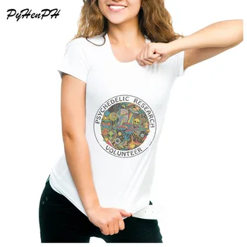 Psykedelisk Forskning Frivillige T-Shirt Kvinder Slank Funky farverig Print t-shirt Kvindelige Vintage Tshirt kraniet sjove top tees