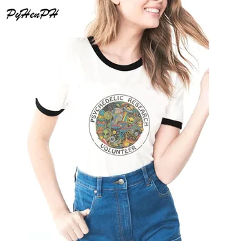 Psykedelisk Forskning Frivillige T-Shirt Kvinder Slank Funky farverig Print t-shirt Kvindelige Vintage Tshirt kraniet sjove top tees