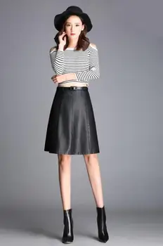 PU Læder Midi-Nederdel Kvinder arbejdstøj kontor nederdel efterår og vinter 2016 PU nederdele, der passer høj talje nederdel kvindelige plus størrelse 4XL