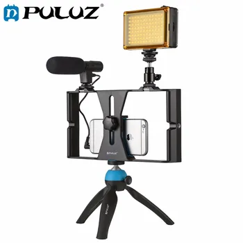 PULUZ Smartphone Video Rig + LED Studio Lys + Video Mikrofon + Mini Tripod Mount Kits med Koldt Sko Stativ Hoved til iPhone