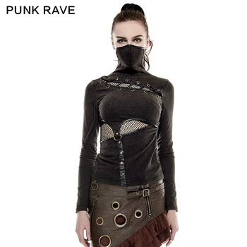 PUNK RAVE 2017 Punk Rock Steampunk Høj Krave Kvinde Stram Maske T-shirts Gotiske Strik Super Elastisk netstof T-Shirt, Toppe, t-Shirts