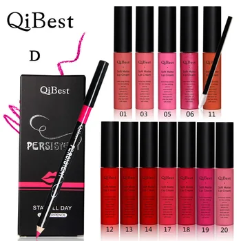 Qi Makeup Sæt Med 12 Farver Lip Gloss + 12 Farver, Blyant + 12 Lip Brush Mat Blright Farverige
