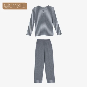 Qianxiu Pyjamas For Par, Nattøj O-hals Casual Stripe Kvinder Pyjamas Sæt Lounge wear