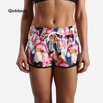 Qickitout Kvinder Sommer Slank Stranden Casual Shorts Træning Linning Tynde Flamingo Dyr Pink Digital Print shorts XS-XL