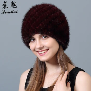 QiuMei Kvinder Vinteren Huer Real Mink Fur Hat, Stribede Strikkede Huer Kvindelige russiske Hat Kvinders Pels Varm Foring Huer Hat 2017