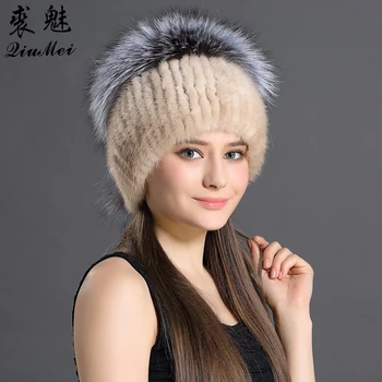 QiuMei Russisk Kvinde Hat Mink Pels Bliver Tykkere Patchwork 6 Farver Strikket Med Pompon Fox Fur Top Opvarmning Luksus Damer Mink Pels Hætter