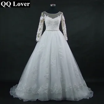 QQ Elsker 2018 Nude Farve Rygløs Fuldt Ærmer Lace Wedding Dress Custom-made Plus Size brudekjoler Vestido De Noiva