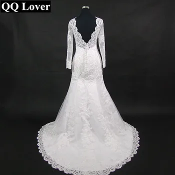 QQ Elsker 2018 Nye langærmet Havfrue Lace Wedding Dress 2018 Sexet-V-hals Beaded Applique Bryllup Bride Dress Vestido De Noiva