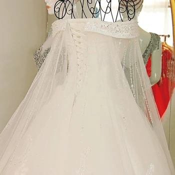 QQ Elsker Luksus High-grade Krystal Perler Lace Wedding Dress Brugerdefinerede Princess Bride Broderi bådudskæring A-line Brudekjole