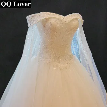 QQ Elsker Luksus High-grade Krystal Perler Lace Wedding Dress Brugerdefinerede Princess Bride Broderi bådudskæring A-line Brudekjole