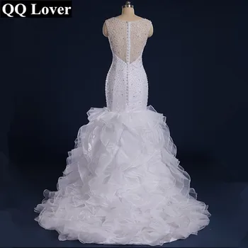 QQ Elsker Smukke Beaded Havfrue brudekjoler 2017 Vestido De Noiva Sereia Ren og skær Ryg og Nakke Flæser Brude Kjole Kjole