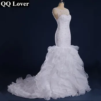 QQ Elsker Smukke Beaded Havfrue brudekjoler 2017 Vestido De Noiva Sereia Ren og skær Ryg og Nakke Flæser Brude Kjole Kjole