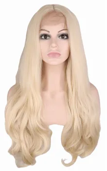 QQXCAIW Håndlavet Naturlig Hårgrænse Glueless Lace Front Wig For Kvinder Blonde Body Wave varmeresistent Fiber Syntetisk Hår Parykker
