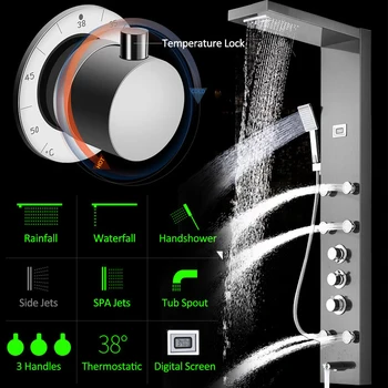 Quyanre Termostatbatteri Bruser Panel Børstet Nikkel, Sort Regn Vandfald Bruser Faucet Massage SPA-Dyser Tre Håndtag blandingsbatteri