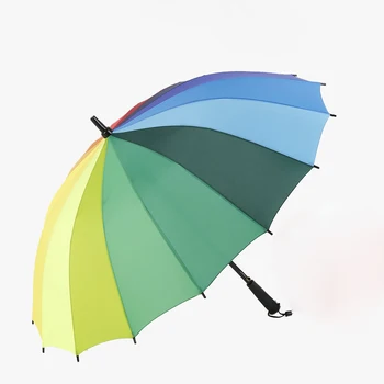 Rainbow Lange Håndtag Stick Paraply Stor Parasol Rib Farve Lige Farverige Kvindelige Solrig Og Regnfuld Paraply