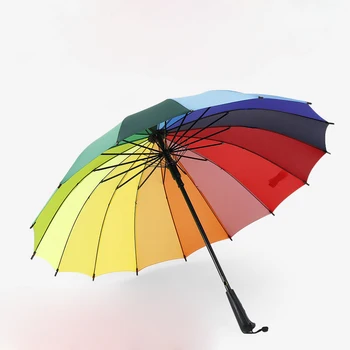 Rainbow Lange Håndtag Stick Paraply Stor Parasol Rib Farve Lige Farverige Kvindelige Solrig Og Regnfuld Paraply