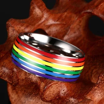 Rainbow LGBT-Ringe, Smykker forlovelsesfest Bagues Titanium 316L Rustfrit Stål Bands For Par Elskende Kvinder, Mænd Sølv Fyldt